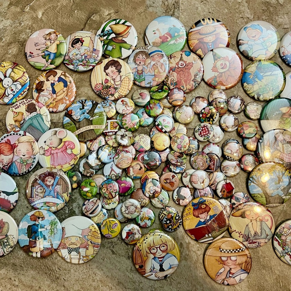 HUGE Lot of Mary Engelbreit Whimsical Pin Button Collection, Handmade